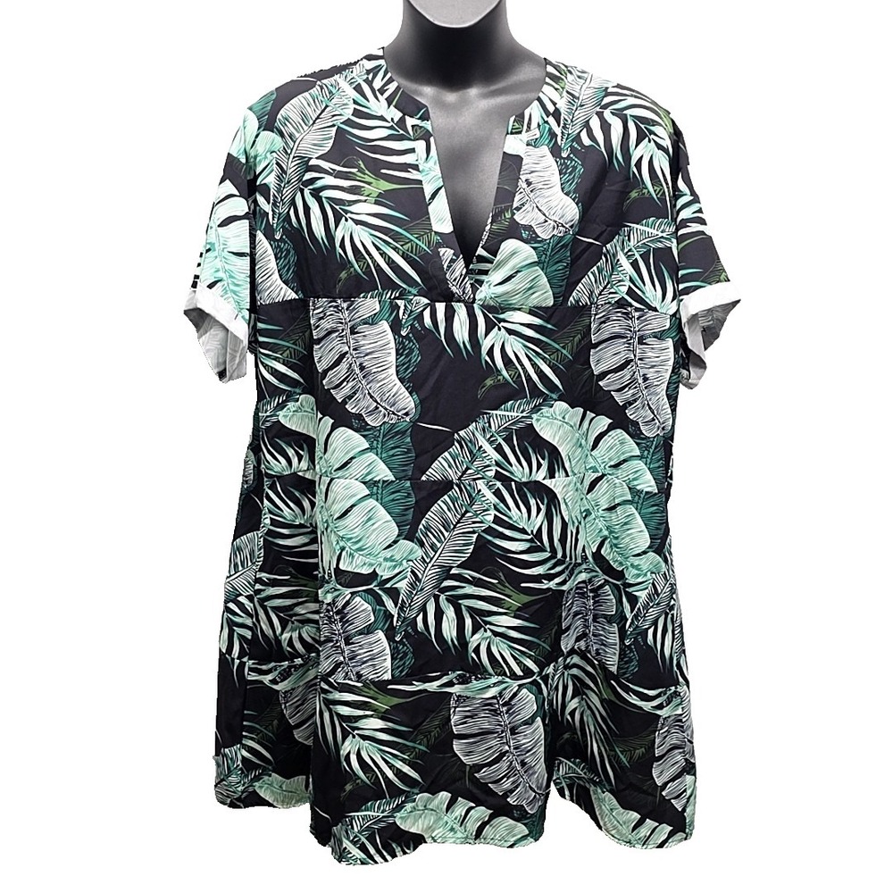 Aimage‎ Tropical Leaf Tunic Top Dress V Neck Short Sleeve Resort  sz XXL